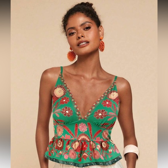 Anthropologie Green Floral V-Neck Peplum Tank Top Size M - Picture 1 of 6